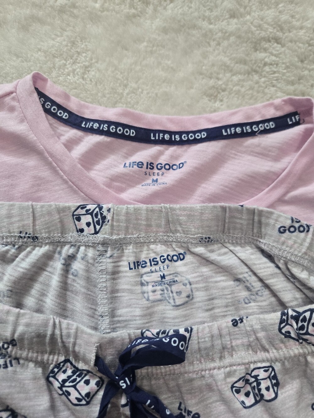 Life is Good Pink and Gray Dice and Hearts Loungewear Pajamas Set, Size M - Picture 2 of 7